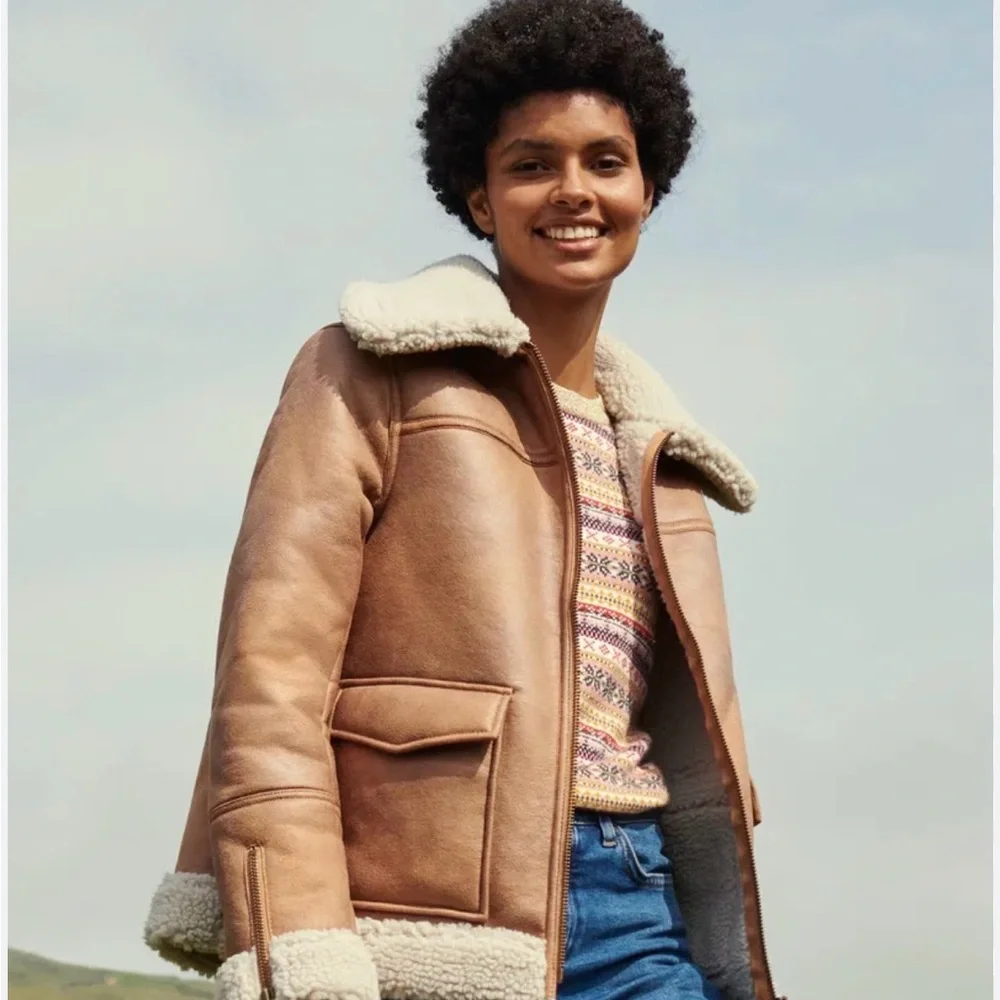 Boden Brown Shearling Collar Bomber Jacket - Picture 2 of 8
